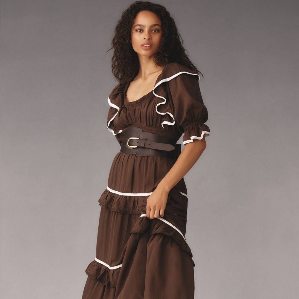 By Anthropologie Puff-Sleeve Scoop-Neck Tiered Maxi Dress